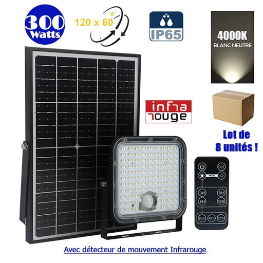 Lot / Carton de 8x Projecteurs LED solaires - Série SECURITY V1 - Rendu lumineux 300 Watts - 4800 lumens - Angle 120° x 60° - IP65 - 4000k - Lampe 20 x 19 x 5 cm - Panneau solaire monocristallin - Détecteur PIR - Télécommande