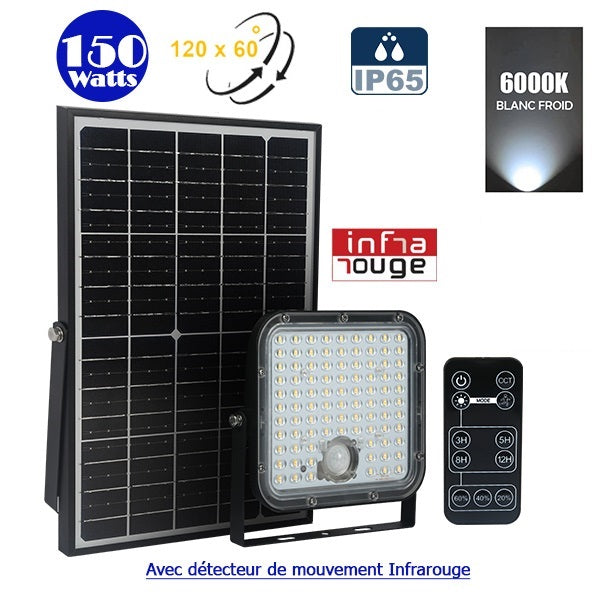 Projecteur LED solaire - Série SECURITY V1 - Rendu lumineux 150 Watts - 1500 lumens - Angle 120° x 60° - IP65 - 6000k - Lampe 14 x 15 x 3 cm - Panneau solaire monocristallin ajustable 22 x 18 x 2 cm - Détecteur Infrarouge - Télécommande
