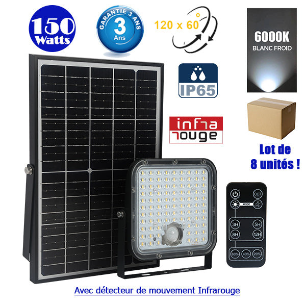 Lot / Carton de 8x Projecteurs LED solaires - Série SECURITY V1 - Rendu lumineux 150 Watts - 1500 lumens - Angle 120° x 60° - IP65 - 6000k - Lampe 14 x 15 x 3 cm - Panneau solaire monocristallin ajustable 22 x 18 x 2 cm - Détecteur PIR - Télécommande