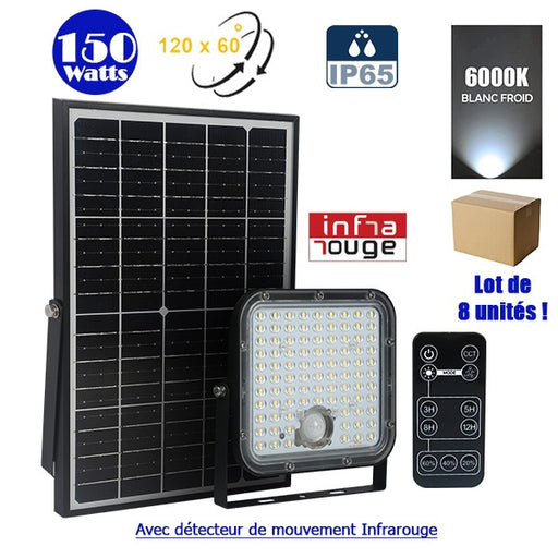 Lot / Carton de 8x Projecteurs LED solaires - Série SECURITY V1 - Rendu lumineux 150 Watts - 1500 lumens - Angle 120° x 60° - IP65 - 6000k - Lampe 14 x 15 x 3 cm - Panneau solaire monocristallin ajustable 22 x 18 x 2 cm - Détecteur PIR - Télécommande