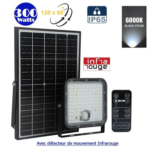 Projecteur LED solaire - Série SECURITY V1 - Rendu lumineux 300 Watts - 4800 lumens - Angle 120° x 60° - IP65 - 6000k - Lampe 20 x 19 x 5 cm - Panneau solaire monocristallin ajustable 35 x 24 x 2 cm - Détecteur PIR - Télécommande