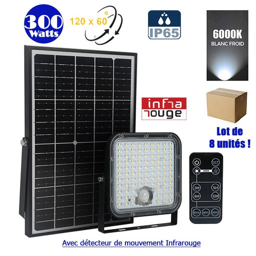 Lot / Carton de 8x Projecteurs LED solaires - Série SECURITY V1 - Rendu lumineux 300 Watts - 4800 lumens - Angle 120° x 60° - IP65 - 6000k - Lampe 20 x 19 x 5 cm - Panneau solaire monocristallin - Détecteur PIR - Télécommande