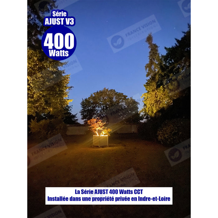 Lot de 5x Projecteurs LED solaire  Série AJUST V3 - CCT (Couleur Changeante en Température ) - Rendu lumineux 400 Watts - 2800 Lumens - 120° - IP65 - Lampe 36 x 30 x 5 cm - Panneau MONOCRISTALLIN 39 x 30 x 2 cm - Télécommande - Capteur crépusculaire
