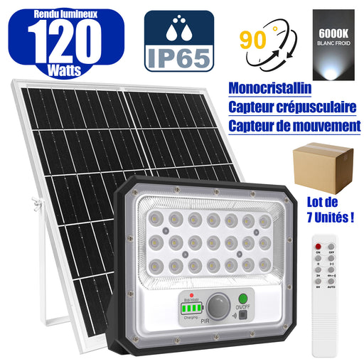 Lot de 7x Projecteurs LED solaires - Série SECURITY V2 - 120 Watts - 700 Lumens - Angle 90° - IP65 - Lampe 21 x 17 x 4 cm - Panneau solaire MONOCRISTALLIN 21 x 20 x 2 cm - Avec détecteur de mouvement - Avec télécommande - Support ajustable