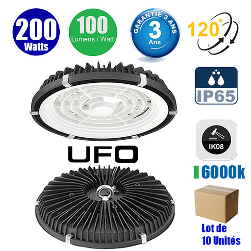 Lot de 10x Lampes industrielles UFO - Série LIGHT V2 - 200 Watts - 20 000 Lumens - 100 Lumens/Watt - Angle 120° - IP65 - Protection à l'impact IK08 - 32 x 5 cm - Couleur éclairage 6000K - Garantie 3 ans