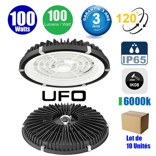 Lot de 10x Lampes industrielles UFO - Série LIGHT V2 - 100 Watts - 10 000 Lumens - 100 Lumens/Watt - Angle 120° - IP65 - Protection à l'impact IK08 - 23 x 5 cm - Couleur éclairage 6000K - Garantie 3 ans