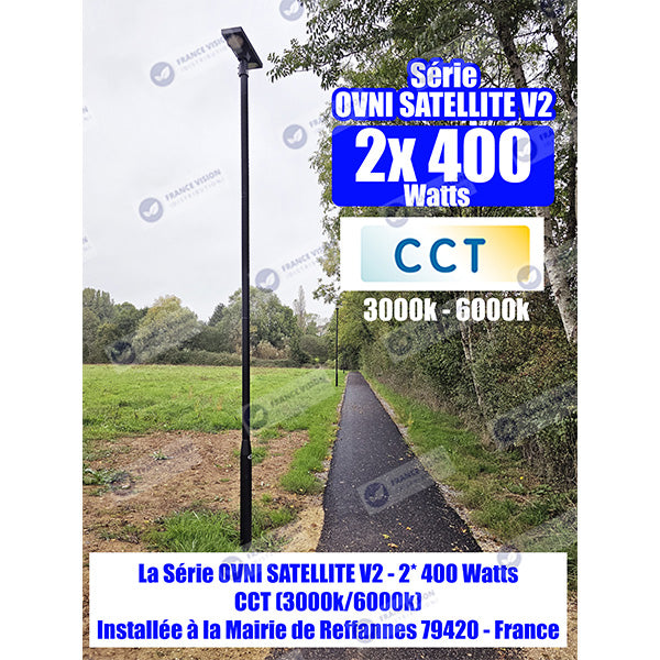 Lot de 4x Lampadaires solaires pour extérieur - CCT - Série OVNI SATELLITE V2 - 2 x 400 Watts - 4800 Lumens - Angle 140 x 70° - IP65 - IK07 - 61 x 20 x 13 cm - MONOCRISTALLIN - Tube d’insertion 60mm - Rotative à 350° - Détecteur de mouvement