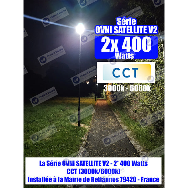 Lot de 4x Lampadaires solaires pour extérieur - CCT - Série OVNI SATELLITE V2 - 2 x 400 Watts - 4800 Lumens - Angle 140 x 70° - IP65 - IK07 - 61 x 20 x 13 cm - MONOCRISTALLIN - Tube d’insertion 60mm - Rotative à 350° - Détecteur de mouvement