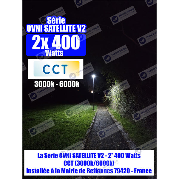 Lot de 4x Lampadaires solaires pour extérieur - CCT - Série OVNI SATELLITE V2 - 2 x 400 Watts - 4800 Lumens - Angle 140 x 70° - IP65 - IK07 - 61 x 20 x 13 cm - MONOCRISTALLIN - Tube d’insertion 60mm - Rotative à 350° - Détecteur de mouvement