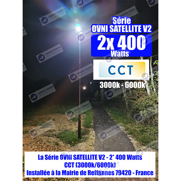Lot de 4x Lampadaires solaires pour extérieur - CCT - Série OVNI SATELLITE V2 - 2 x 400 Watts - 4800 Lumens - Angle 140 x 70° - IP65 - IK07 - 61 x 20 x 13 cm - MONOCRISTALLIN - Tube d’insertion 60mm - Rotative à 350° - Détecteur de mouvement