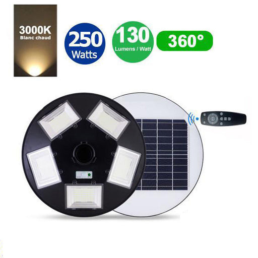 Lampe solaire pour extérieur - Série OVNI BASIC - 250 Watts - 1900 lumens - Angle 360° -  IP65 - Diamètre tube d'insertion 80 mm - Avec détecteur de mouvement - Avec télécommande - Contrôleur MPPT - Couleur d'éclairage 3000K