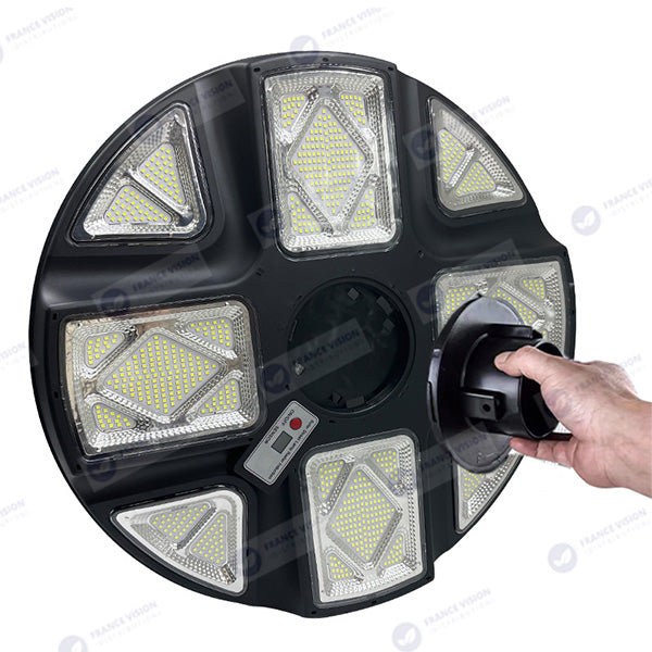 Lot de 5x Lampes solaires pour extérieur - Série OVNI CRYSTAL V2 - 300 Watts - 1900 Lumens - Angle 360° - IP65 - Lampe 55 x 55 cm - Panneau polycristallin 42 x 35 cm - Tube d'insertion 60/76 mm - Détecteur de mouvement - Télécommande - 6000k