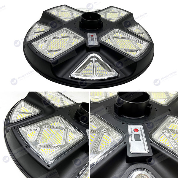 Lot de 5x Lampes solaires pour extérieur - Série OVNI CRYSTAL V2 - 300 Watts - 1900 Lumens - Angle 360° - IP65 - Lampe 55 x 55 cm - Panneau polycristallin 42 x 35 cm - Tube d'insertion 60/76 mm - Détecteur de mouvement - Télécommande - 6000k