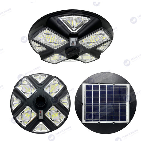 Lot de 5x Lampes solaires pour extérieur - Série OVNI CRYSTAL V2 - 300 Watts - 1900 Lumens - Angle 360° - IP65 - Lampe 55 x 55 cm - Panneau polycristallin 42 x 35 cm - Tube d'insertion 60/76 mm - Détecteur de mouvement - Télécommande - 6000k