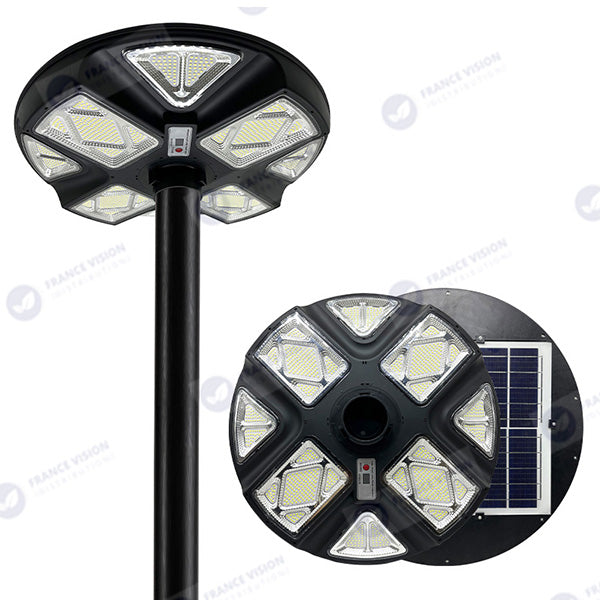Lot de 5x Lampes solaires pour extérieur - Série OVNI CRYSTAL V2 - 300 Watts - 1900 Lumens - Angle 360° - IP65 - Lampe 55 x 55 cm - Panneau polycristallin 42 x 35 cm - Tube d'insertion 60/76 mm - Détecteur de mouvement - Télécommande - 6000k