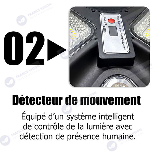 Lot de 5x Lampes solaires pour extérieur - Série OVNI CRYSTAL V2 - 300 Watts - 1900 Lumens - Angle 360° - IP65 - Lampe 55 x 55 cm - Panneau polycristallin 42 x 35 cm - Tube d'insertion 60/76 mm - Détecteur de mouvement - Télécommande - 6000k