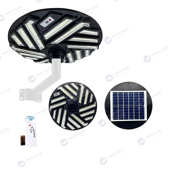 Lampe solaire pour extérieur - Série OVNI EMERAUDE -  400 Watts - 2300 Lumens - Angle 360° - IP65 - Lampe 61 x 61 cm - Panneau polycristallin 48 x 35 cm - Tube d'insertion 60/76 mm - Détecteur de mouvement - Capteur crépusculaire - Télécommande - 3000k
