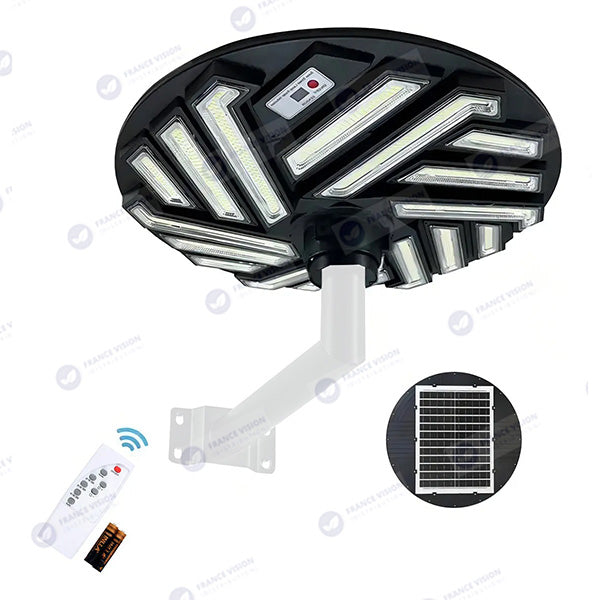 Lampe solaire pour extérieur - Série OVNI EMERAUDE -  400 Watts - 2300 Lumens - Angle 360° - IP65 - Lampe 61 x 61 cm - Panneau polycristallin 48 x 35 cm - Tube d'insertion 60/76 mm - Détecteur de mouvement - Capteur crépusculaire - Télécommande - 3000k