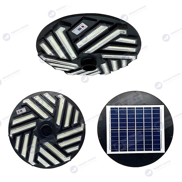 Lampe solaire pour extérieur - Série OVNI EMERAUDE -  400 Watts - 2300 Lumens - Angle 360° - IP65 - Lampe 61 x 61 cm - Panneau polycristallin 48 x 35 cm - Tube d'insertion 60/76 mm - Détecteur de mouvement - Capteur crépusculaire - Télécommande - 3000k