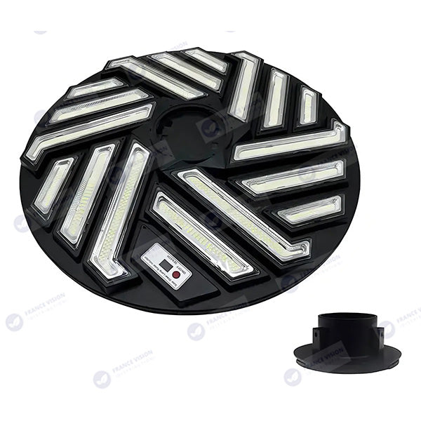 Lampe solaire pour extérieur - Série OVNI EMERAUDE -  400 Watts - 2300 Lumens - Angle 360° - IP65 - Lampe 61 x 61 cm - Panneau polycristallin 48 x 35 cm - Tube d'insertion 60/76 mm - Détecteur de mouvement - Capteur crépusculaire - Télécommande - 3000k