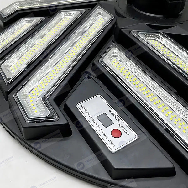 Lampe solaire pour extérieur - Série OVNI EMERAUDE -  400 Watts - 2300 Lumens - Angle 360° - IP65 - Lampe 61 x 61 cm - Panneau polycristallin 48 x 35 cm - Tube d'insertion 60/76 mm - Détecteur de mouvement - Capteur crépusculaire - Télécommande - 3000k