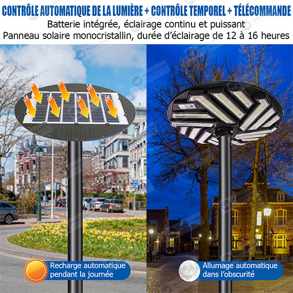 Lampe solaire pour extérieur - Série OVNI EMERAUDE -  400 Watts - 2300 Lumens - Angle 360° - IP65 - Lampe 61 x 61 cm - Panneau polycristallin 48 x 35 cm - Tube d'insertion 60/76 mm - Détecteur de mouvement - Capteur crépusculaire - Télécommande - 3000k