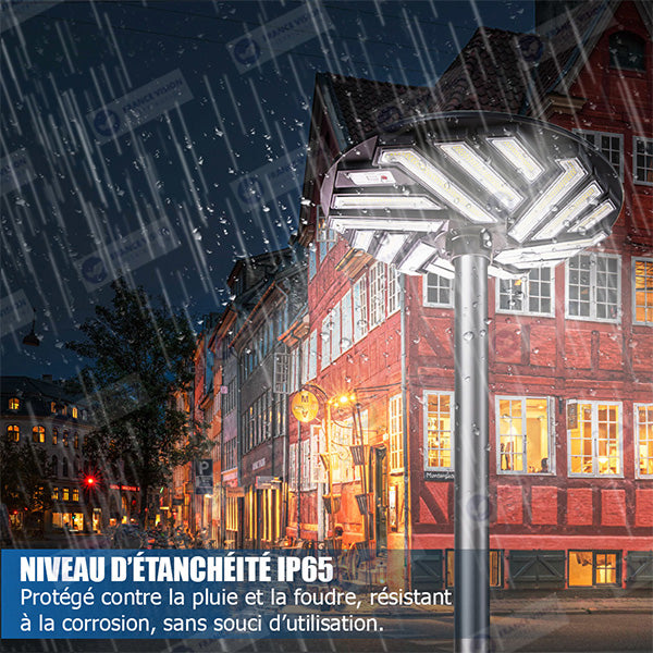 Lampe solaire pour extérieur - Série OVNI EMERAUDE -  400 Watts - 2300 Lumens - Angle 360° - IP65 - Lampe 61 x 61 cm - Panneau polycristallin 48 x 35 cm - Tube d'insertion 60/76 mm - Détecteur de mouvement - Capteur crépusculaire - Télécommande - 3000k