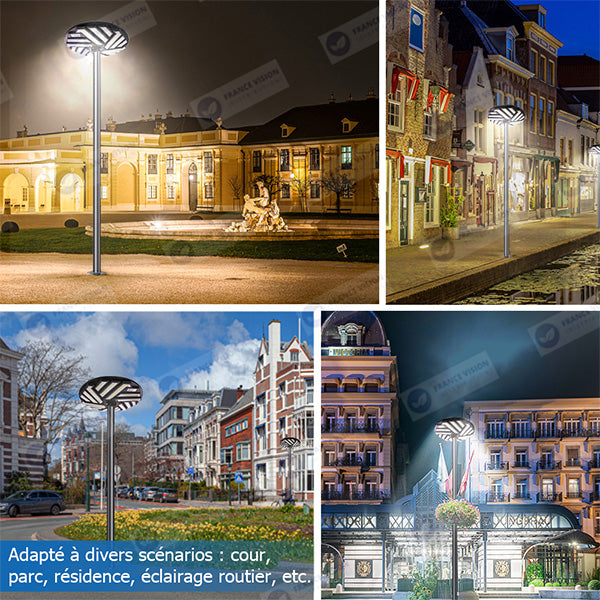 Lampe solaire pour extérieur - Série OVNI EMERAUDE -  400 Watts - 2300 Lumens - Angle 360° - IP65 - Lampe 61 x 61 cm - Panneau polycristallin 48 x 35 cm - Tube d'insertion 60/76 mm - Détecteur de mouvement - Capteur crépusculaire - Télécommande - 3000k