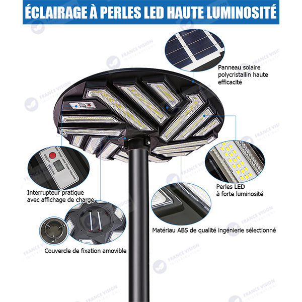 Lampe solaire pour extérieur - Série OVNI EMERAUDE -  400 Watts - 2300 Lumens - Angle 360° - IP65 - Lampe 61 x 61 cm - Panneau polycristallin 48 x 35 cm - Tube d'insertion 60/76 mm - Détecteur de mouvement - Capteur crépusculaire - Télécommande - 3000k