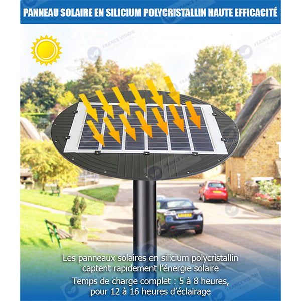 Lampe solaire pour extérieur - Série OVNI EMERAUDE -  400 Watts - 2300 Lumens - Angle 360° - IP65 - Lampe 61 x 61 cm - Panneau polycristallin 48 x 35 cm - Tube d'insertion 60/76 mm - Détecteur de mouvement - Capteur crépusculaire - Télécommande - 3000k