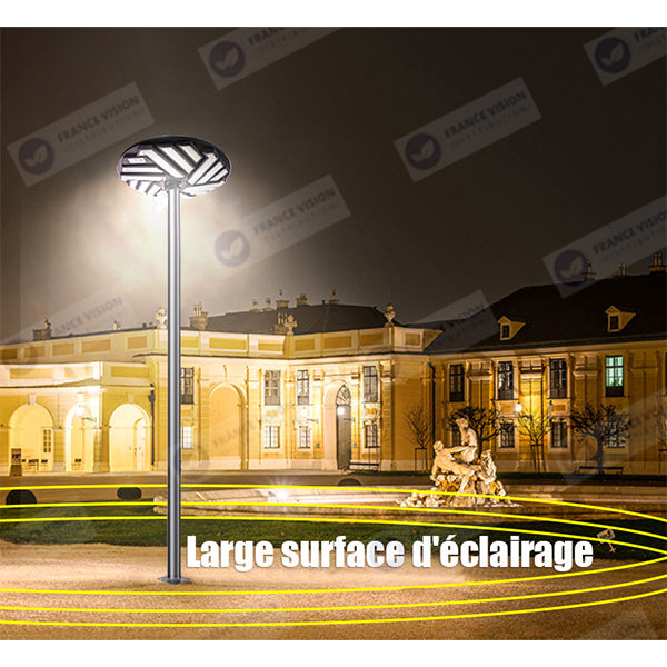 Lampe solaire pour extérieur - Série OVNI EMERAUDE -  400 Watts - 2300 Lumens - Angle 360° - IP65 - Lampe 61 x 61 cm - Panneau polycristallin 48 x 35 cm - Tube d'insertion 60/76 mm - Détecteur de mouvement - Capteur crépusculaire - Télécommande - 3000k