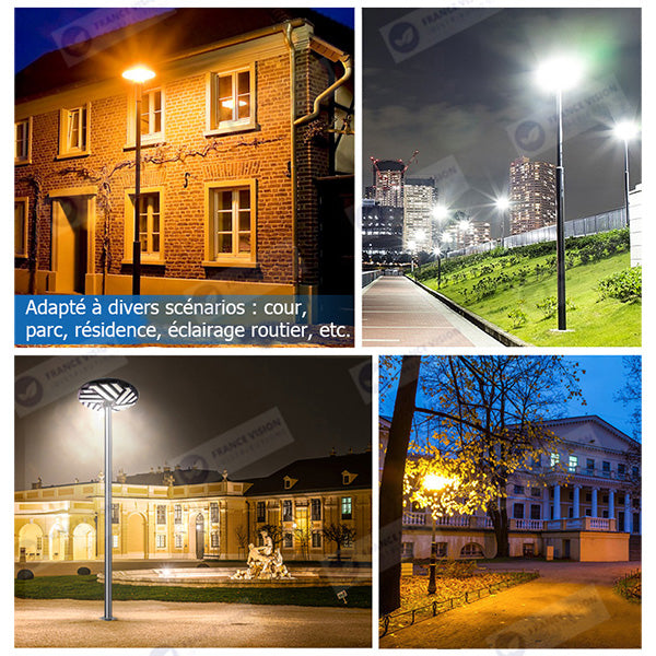 Lampe solaire pour extérieur - Série OVNI EMERAUDE -  400 Watts - 2300 Lumens - Angle 360° - IP65 - Lampe 61 x 61 cm - Panneau polycristallin 48 x 35 cm - Tube d'insertion 60/76 mm - Détecteur de mouvement - Capteur crépusculaire - Télécommande - 3000k