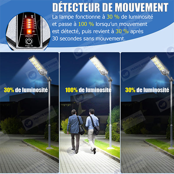 Lampadaire solaire extérieur de rue / parking - Série POWER ULTRA V2 CCT (Couleur Changeante en Température) - Rendu Lumineux 500 Watts - 2400 Lumens - Angle 140*70° - IP66 - 69 x 27 x 7 cm - Télécommande - Détecteur de mouvement - Tube d’insertion 45 mm
