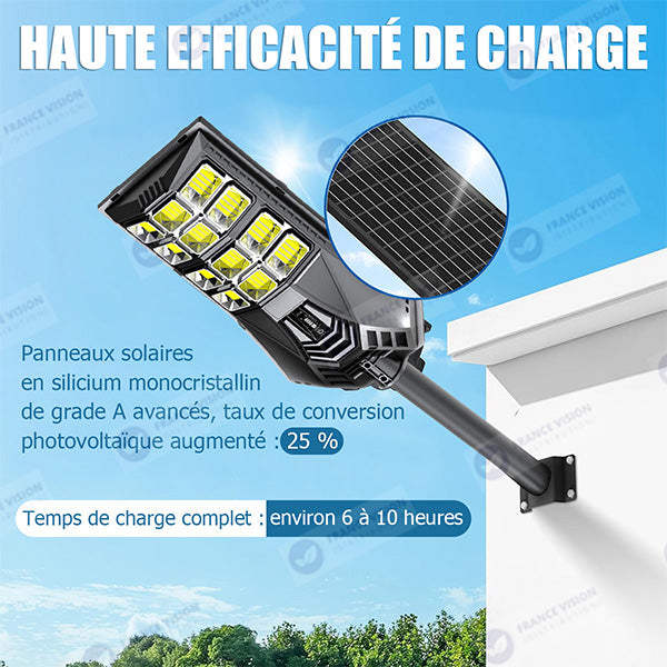 Lampadaire solaire extérieur de rue / parking - Série POWER ULTRA V2 CCT (Couleur Changeante en Température) - Rendu Lumineux 500 Watts - 2400 Lumens - Angle 140*70° - IP66 - 69 x 27 x 7 cm - Télécommande - Détecteur de mouvement - Tube d’insertion 45 mm