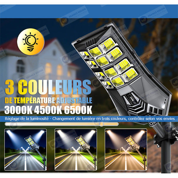 Lampadaire solaire extérieur de rue / parking - Série POWER ULTRA V2 CCT (Couleur Changeante en Température) - Rendu Lumineux 500 Watts - 2400 Lumens - Angle 140*70° - IP66 - 69 x 27 x 7 cm - Télécommande - Détecteur de mouvement - Tube d’insertion 45 mm