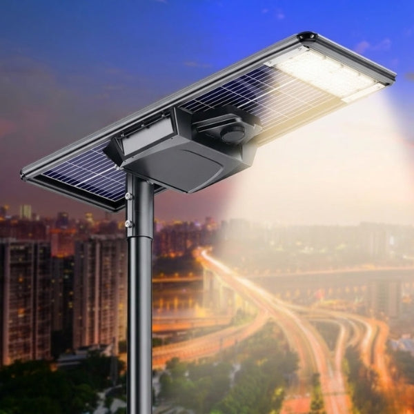 Lot de 4x Lampes de rue solaires - Série STARSHIP ELITE - 12 800 Lumens - Angle 150x70° - IP65 - 3000k/4000k/6000k au choix - Structure ALUMINIUM - Tube d'insertion 76mm - Régulateur MPPT - Détecteur de mouvement - Télécommande - Garantie 3 ans