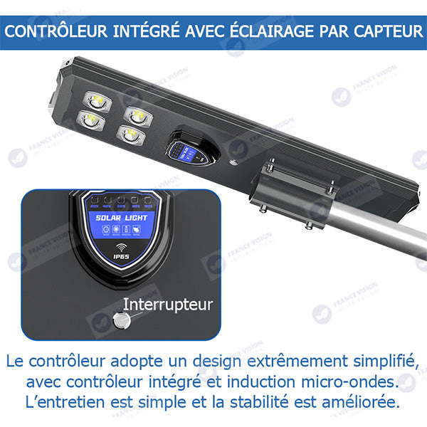 Lampe de rue solaire - Série STARSHIP ULTRA BLACK - Rendu lumineux 2000 Watts - 5000 Lumens - 6000k - Angle 140*70° - IP65 - Structure aluminium - Dimensions 108 x 22 x 8 cm - Tube 60mm - Contrôle intelligent - Détecteur de mouvement - Télécommande
