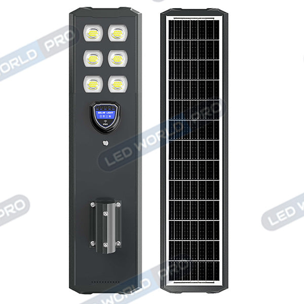 Lot de 5x Lampes de rue solaire - Série STARSHIP ULTRA BLACK - Rendu lumineux 1600W - 4400 Lumens - 3000k - Angle 140*70° - IP65 - Structure aluminium - Dimensions 98 x 22 x 8 cm - Tube 60mm - Contrôle intelligent - Détecteur de mouvement - Télécommande