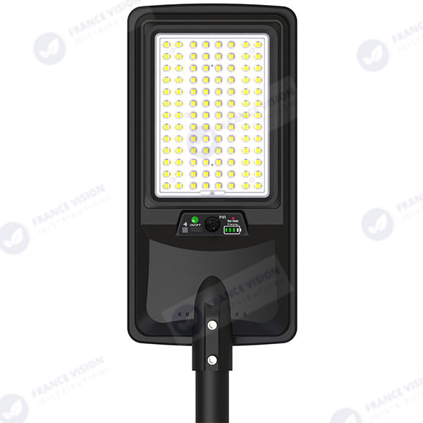 Lampe de rue LED solaire - Série VIEW V2 EVO  - 1200 Watts - 3600 Lumens - 6000k - Angle 140*70° - IP54 - 64 x 26 x 7 cm - Panneau Monocristallin - Batterie 20Ah - Détecteur de mouvement - Télécommande - Tube d'insertion 45mm