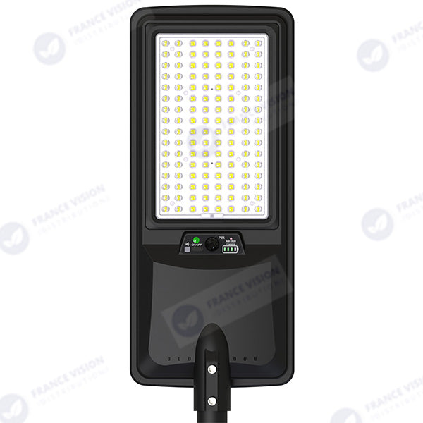 Lampe de rue LED solaire - Série VIEW V2 EVO - 1400 Watts - 4500 Lumens - 6000k - Angle 140*70° - IP54 - 64 x 26 x 7 cm - Panneau Monocristallin - Batterie 25Ah - Détecteur de mouvement - Télécommande - Tube d'insertion 45mm