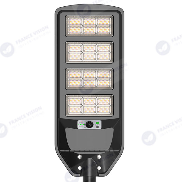 Solaire - Luminaire LED pour Candélabre / Lampe de rue et parking - Série VIEW V3 CCT (Couleur Changeante en Température) - 400 Watts - 2700 Lumens - Angle 140*70° - IP65 - Lampe 72 x 25 x 5 cm - Panneau MONOCRISTALLIN 61 x 23 cm - Détecteur de mouvement