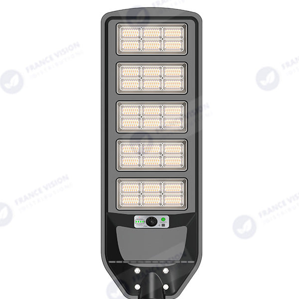 Solaire - Luminaire LED pour Candélabre / Lampe de rue et parking - Série VIEW V3 CCT (Couleur Changeante en Température) - 800 Watts - 3500 Lumens - Angle 140*70° - IP65 - Lampe 72 x 25 x 5 cm - Panneau MONOCRISTALLIN 61 x 23 cm - Détecteur de mouvement