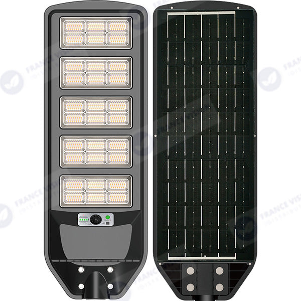Solaire - Luminaire LED pour Candélabre / Lampe de rue et parking - Série VIEW V3 CCT (Couleur Changeante en Température) - 800 Watts - 3500 Lumens - Angle 140*70° - IP65 - Lampe 72 x 25 x 5 cm - Panneau MONOCRISTALLIN 61 x 23 cm - Détecteur de mouvement