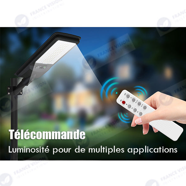 Lampe de rue LED solaire - Série VIEW V2 EVO  - 1200 Watts - 3600 Lumens - 6000k - Angle 140*70° - IP54 - 64 x 26 x 7 cm - Panneau Monocristallin - Batterie 20Ah - Détecteur de mouvement - Télécommande - Tube d'insertion 45mm