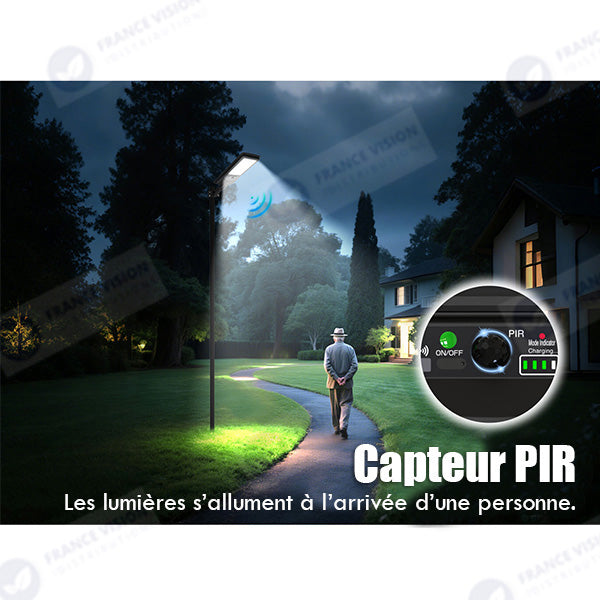 Lampe de rue LED solaire - Série VIEW V2 EVO  - 1200 Watts - 3600 Lumens - 6000k - Angle 140*70° - IP54 - 64 x 26 x 7 cm - Panneau Monocristallin - Batterie 20Ah - Détecteur de mouvement - Télécommande - Tube d'insertion 45mm
