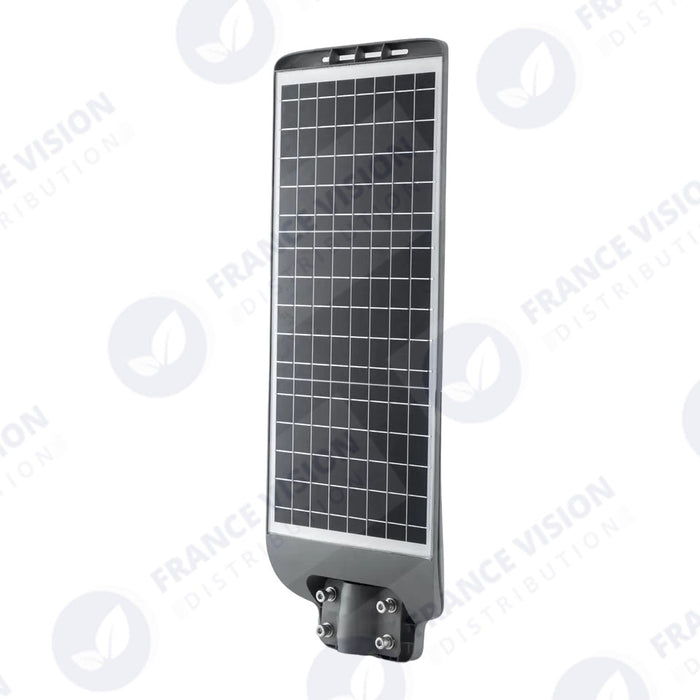 Lampe de rue LED solaire - Série VIEW EVO - 300 Watts - 6000k - Indice de protection IK08 - Structure Aluminium - Angle 80 x 80° - IP65 - 66 x 23 x 2 cm - Dimmable - Panneau Monocristallin - Batterie 12Ah - Détecteur de mouvement - Télécommande