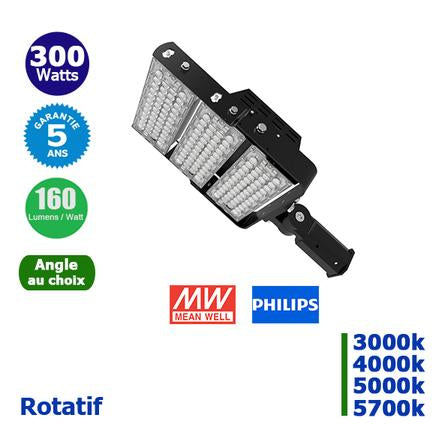 Projecteur haute puissance LED de stade - Série Évasion - 300 Watts - 48 000 Lumens - 160 Lumens/Watt - 475 x 362 x 132 mm - Angle 20° / 40° / 60° / 90° / 140*100° / 120° au choix - IP65 - Rotatif - Transformateur Meanwell - Garantie 5 ans
