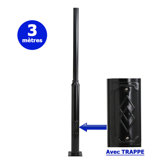 Mât / Poteau pour lampe de rue - Série STANDARD V2 avec TRAPPE - Vis antivol - 3 mètres - Couleur Noir