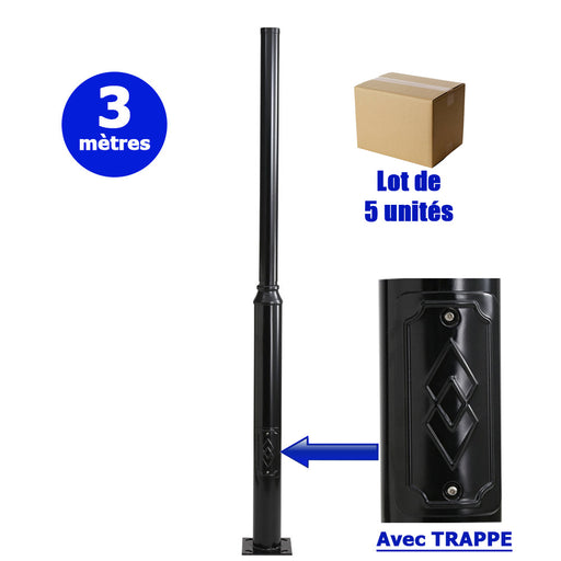 Lot de 5x Mâts / Poteaux pour lampe de rue - Série STANDARD V2 avec TRAPPE - Vis antivol - 3 mètres - Couleur Noir