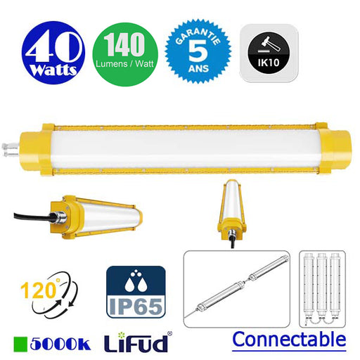 Réglette LED linéaire connectable - Série ATEX - 60cm - 40 Watts - 5600 Lumens - 140 Lumens/Watt - Angle 120° - IP65 - IK10 - 73 x 12 x 6 cm - Transformateur LIFUD - Garantie 5 ans